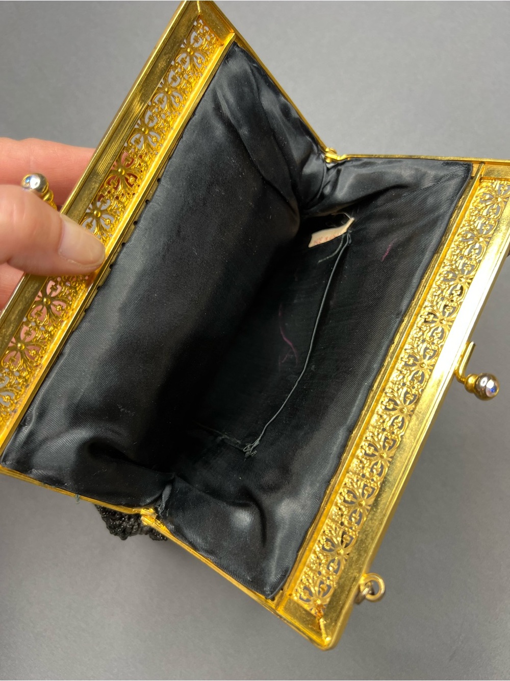 Vintage Black Beaded Evening Bag Gold Frame Wedding Clutch - Picture 8 of 10